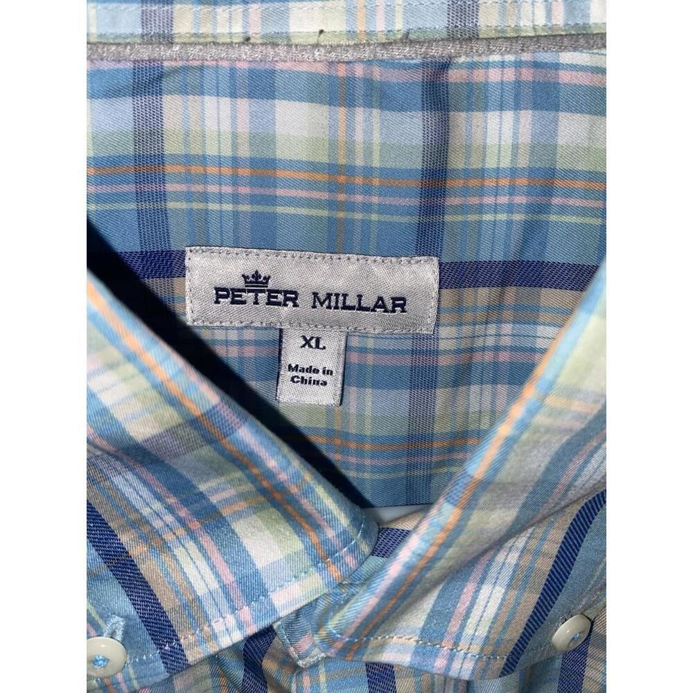 Peter Millar Dress Shirt Men XL Blue Orange Plaid Crown Soft Cotton Silk Button - Picture 3 of 11